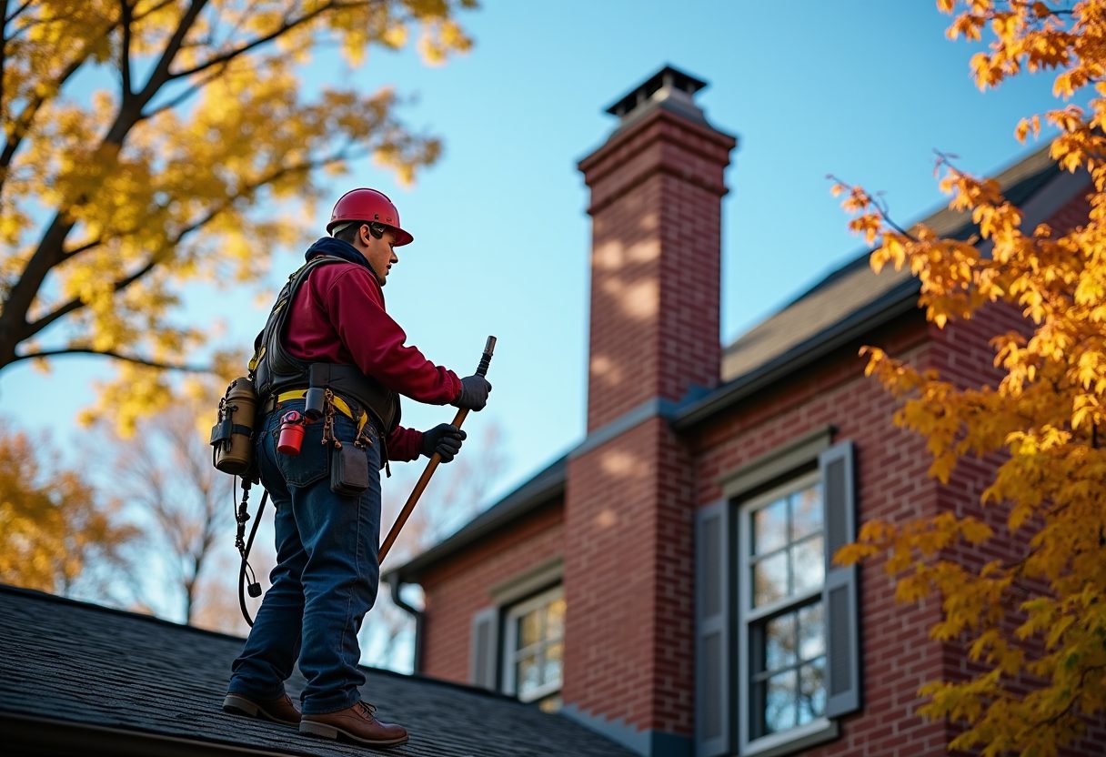 Chimney sweep on the roof of a brick colonial home — Springfield