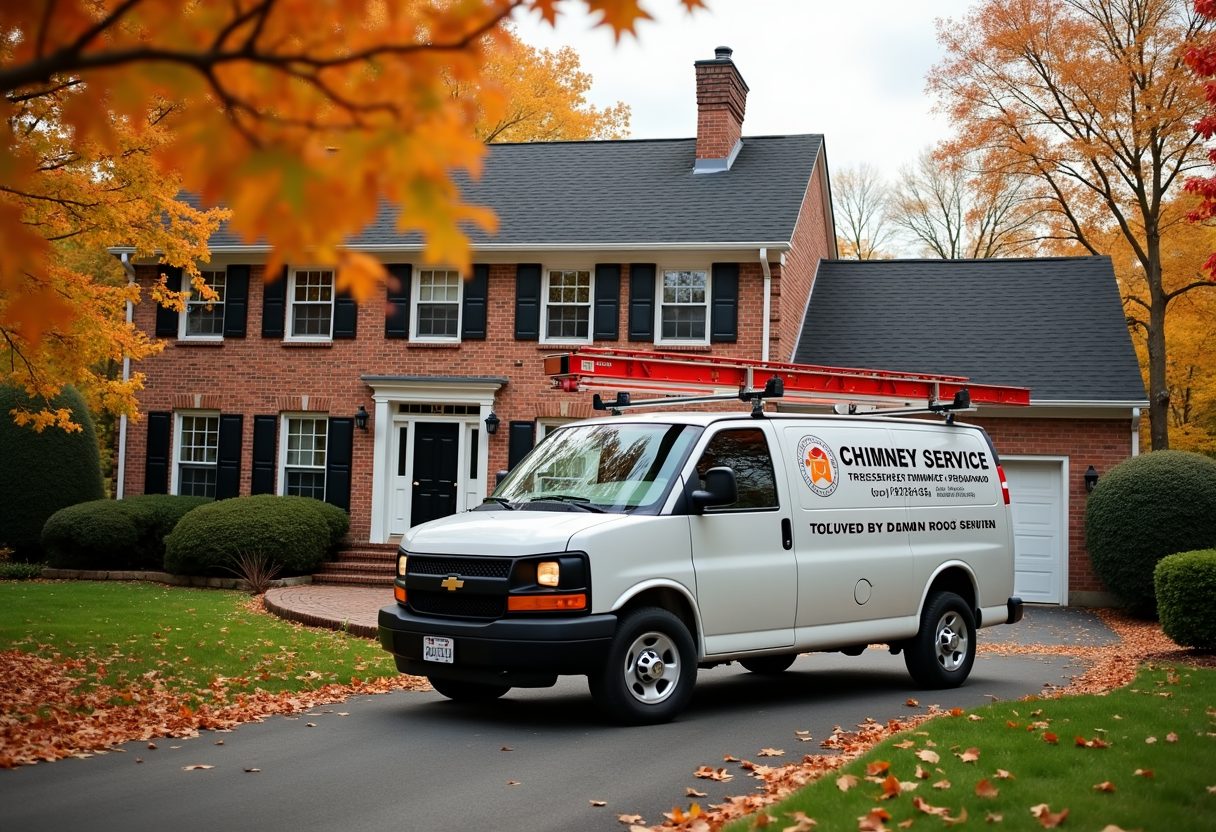 Chimney service van in a colonial home driveway — Springfield